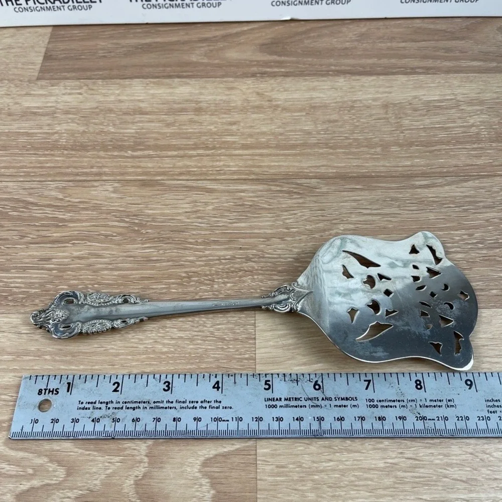 Vintage Silver Plated Ornate Floral Cake Server and Coaster Set Pierced Blade